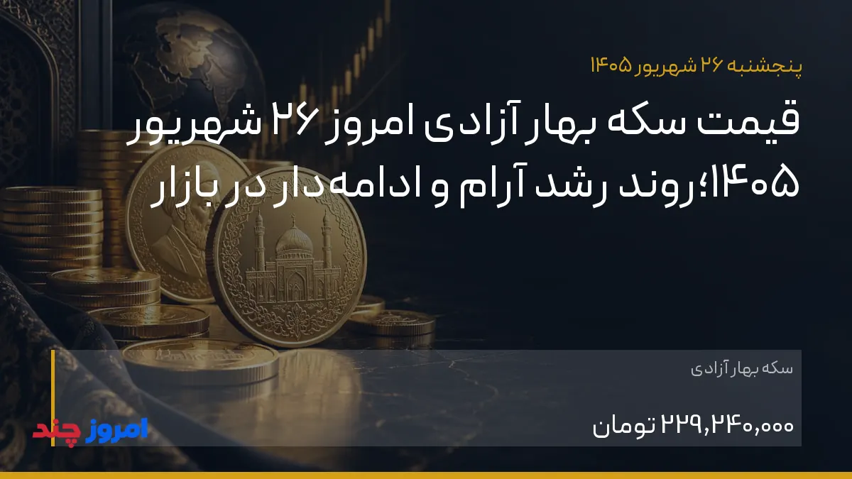 قیمت سکه بهار آزادی امروز ۲۶ شهریور ۱۴۰۵؛روند رشد آرام و ادامه‌دار در بازار — ۲۶ شهریور ۱۴۰۵