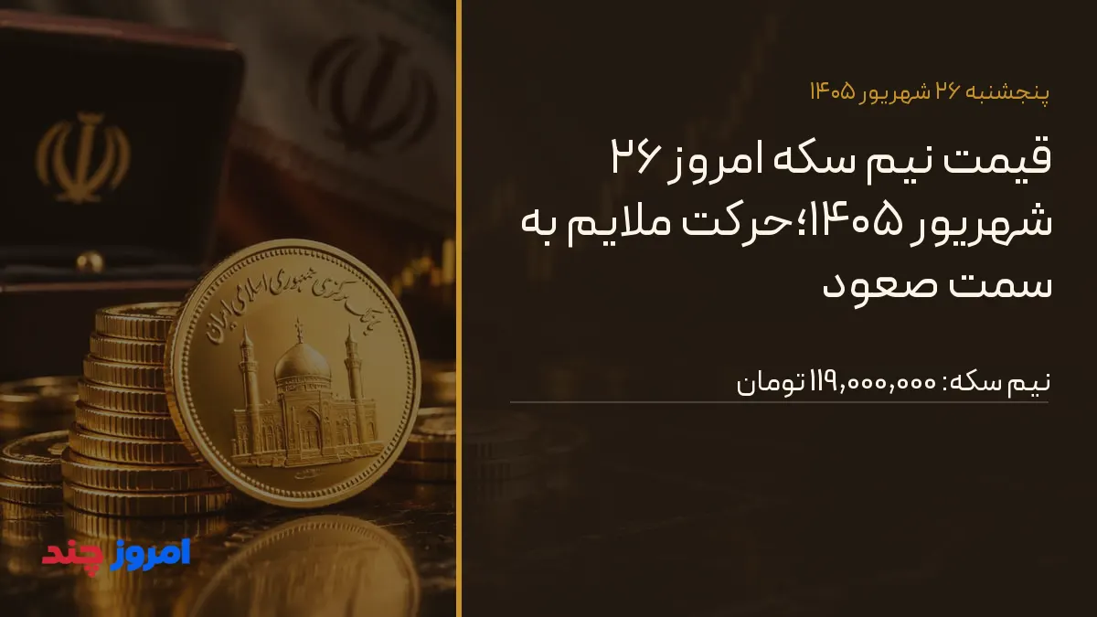 قیمت نیم سکه امروز ۲۶ شهریور ۱۴۰۵؛حرکت ملایم به سمت صعود — ۲۶ شهریور ۱۴۰۵